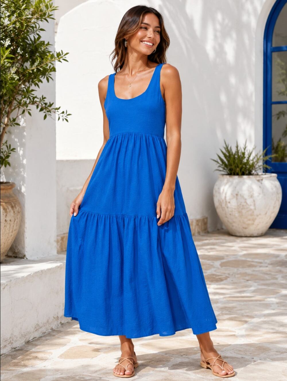 AYR The Magic Hour Blue Cotton Tiered Midi Dress Women's Size S